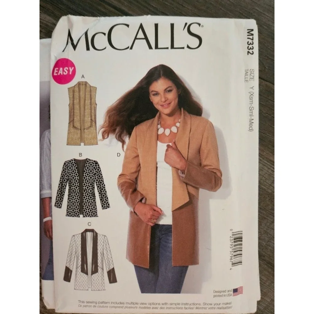 McCalls M7332 Sewing Pattern Misses Lined Vest Jacket XS-M Uncut 7332